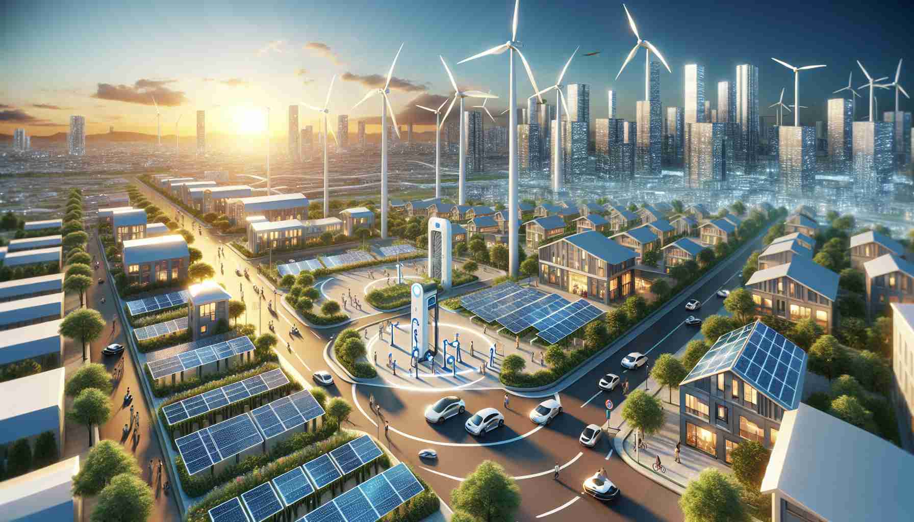 A hyper-realistic, high-definition image showcasing the New Energy Revolution. Show us a bustling community powered by sustainable and innovative energy solutions. Illustrate solar panels glittering under the sun, sleek wind turbines rotating in the breeze, and perhaps even people appreciating a community charging station for electric vehicles. Let's view the harmony between technology and nature, demonstrating that the neighborhood is successfully adopting this new wave of clean, green energy.