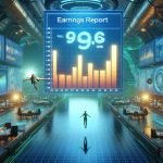 Create a realistic, high definition image of a scene portraying a metaphorical 'dive into the future'. The scene features a large-scale projection of an 'Earnings Report' symbolizing the company 'Vital'. Use bright, futuristic colours and elements to represent prosperity, growth and potential. Please also include visual cues hinting at the uncertainty and anticipation of what could happen, to give depth to the image.