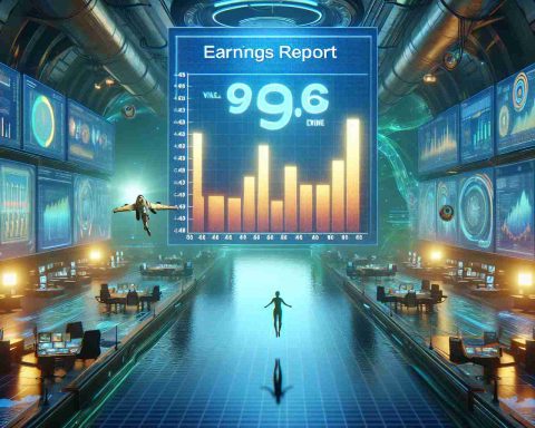 Create a realistic, high definition image of a scene portraying a metaphorical 'dive into the future'. The scene features a large-scale projection of an 'Earnings Report' symbolizing the company 'Vital'. Use bright, futuristic colours and elements to represent prosperity, growth and potential. Please also include visual cues hinting at the uncertainty and anticipation of what could happen, to give depth to the image.