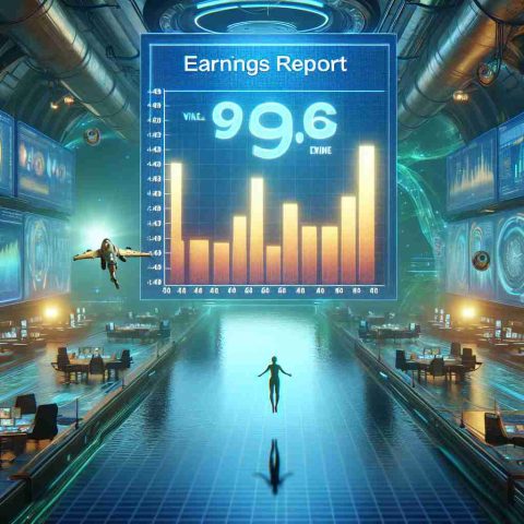 Create a realistic, high definition image of a scene portraying a metaphorical 'dive into the future'. The scene features a large-scale projection of an 'Earnings Report' symbolizing the company 'Vital'. Use bright, futuristic colours and elements to represent prosperity, growth and potential. Please also include visual cues hinting at the uncertainty and anticipation of what could happen, to give depth to the image.