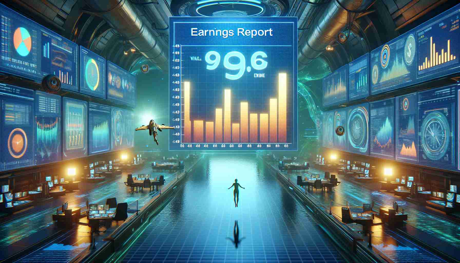 Create a realistic, high definition image of a scene portraying a metaphorical 'dive into the future'. The scene features a large-scale projection of an 'Earnings Report' symbolizing the company 'Vital'. Use bright, futuristic colours and elements to represent prosperity, growth and potential. Please also include visual cues hinting at the uncertainty and anticipation of what could happen, to give depth to the image.