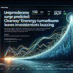 A realistic high-definition image that visualizes the concept of an unprecedented surge. This should be represented as a graph showing a sharp upward trend, depicting the surprising turnaround of a hypothetical energy company, leaving their investors buzzing with excitement. The text 'Unprecedented Surge Predicted: Clearway Energy's Surprising Turnaround Leaves Investors Buzzing' should be prominently displayed.