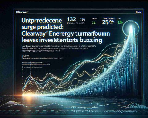 A realistic high-definition image that visualizes the concept of an unprecedented surge. This should be represented as a graph showing a sharp upward trend, depicting the surprising turnaround of a hypothetical energy company, leaving their investors buzzing with excitement. The text 'Unprecedented Surge Predicted: Clearway Energy's Surprising Turnaround Leaves Investors Buzzing' should be prominently displayed.