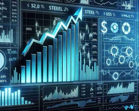 A high definition, realistic visual representation of the concept of a steel stock breakout. It showcases a surge in prices, represented by sharply ascending lines on a stock market chart monitor screen. Financial symbols related to steel sectors are present to depict the financial surge. It could also include elements like bar charts and pie charts showing increased percentages, line graphs with upturn curves, and other indicators of a booming steel industry.