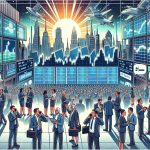 Illustration of a conceptual scene representing Wall Street chatter about a solar-energy-related stock! Display a crowded New York financial district with stock traders of diverse descents and genders discussing animatedly. Include solar panel imagery and a futuristic cityscape powered by solar energy in the backdrop.