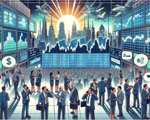 Illustration of a conceptual scene representing Wall Street chatter about a solar-energy-related stock! Display a crowded New York financial district with stock traders of diverse descents and genders discussing animatedly. Include solar panel imagery and a futuristic cityscape powered by solar energy in the backdrop.