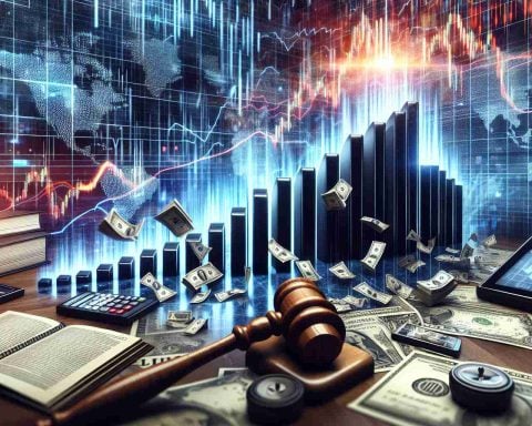 A highly detailed image symbolically representing shockwaves across stock markets. The scene may include a backdrop of dramatic graphs and charts showing significant changes in market trends. Close up, a domino effect of stocks, symbolic representation of unexpected events that influenced stock prices. Elements such as trading screens, a gavel, or currency symbols may also be incorporated to enhance visual interest and represent the financial world.