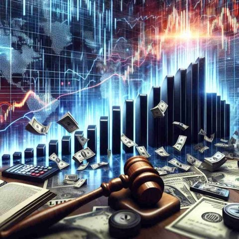 A highly detailed image symbolically representing shockwaves across stock markets. The scene may include a backdrop of dramatic graphs and charts showing significant changes in market trends. Close up, a domino effect of stocks, symbolic representation of unexpected events that influenced stock prices. Elements such as trading screens, a gavel, or currency symbols may also be incorporated to enhance visual interest and represent the financial world.