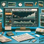 Generate a high-definition photo exemplifying the concept of 'What's Happening with Nifty50?' The image should include elements such as charts, stock market numbers, graphs displaying trends in prices, a business newspaper with the headline 'Nifty50' prominently displayed, and a desktop with a computer showing live updates of the Nifty50 on a stock trading platform.