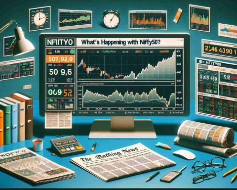 Generate a high-definition photo exemplifying the concept of 'What's Happening with Nifty50?' The image should include elements such as charts, stock market numbers, graphs displaying trends in prices, a business newspaper with the headline 'Nifty50' prominently displayed, and a desktop with a computer showing live updates of the Nifty50 on a stock trading platform.