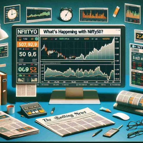 Generate a high-definition photo exemplifying the concept of 'What's Happening with Nifty50?' The image should include elements such as charts, stock market numbers, graphs displaying trends in prices, a business newspaper with the headline 'Nifty50' prominently displayed, and a desktop with a computer showing live updates of the Nifty50 on a stock trading platform.