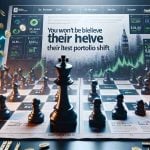 Realistically rendered high-definition image portraying the concept of a 'big move' in a financial context, possibly showing a large chess piece moving across a game board filled with various financial symbols and icons. The right side features an enticing, eye-catching text message reading 'You Won't Believe Their Latest Portfolio Shift' which hints at a significant change or event in Fidelity's strategies.