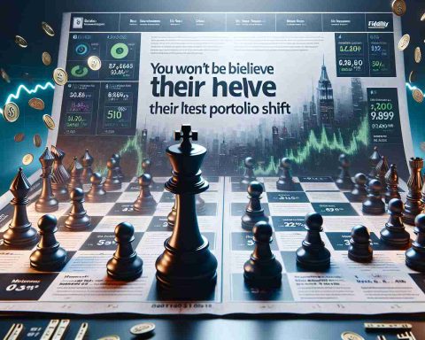 Realistically rendered high-definition image portraying the concept of a 'big move' in a financial context, possibly showing a large chess piece moving across a game board filled with various financial symbols and icons. The right side features an enticing, eye-catching text message reading 'You Won't Believe Their Latest Portfolio Shift' which hints at a significant change or event in Fidelity's strategies.