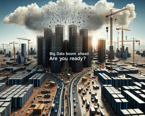 Generate a realistic high-definition image that depicts the concept of a 'Big Data Boom Ahead'. It should feature metaphorical representations such as sprawling cities crafted from server racks, towering cranes hoisting data packets, or highways composed of fiber optic cables to signify the fast-paced advancement of 'Big Data'. The scene should illustrate the scale, complexity, and potential of the upcoming data revolution. The text 'Big Data Boom Ahead. Are You Ready?' should appear prominently in the design, suggesting an invitation for the viewer to engage with this burgeoning field.