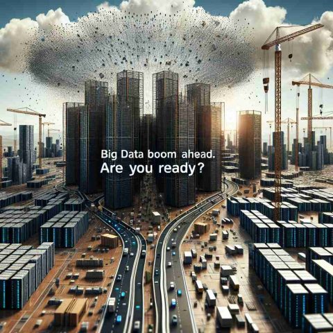 Generate a realistic high-definition image that depicts the concept of a 'Big Data Boom Ahead'. It should feature metaphorical representations such as sprawling cities crafted from server racks, towering cranes hoisting data packets, or highways composed of fiber optic cables to signify the fast-paced advancement of 'Big Data'. The scene should illustrate the scale, complexity, and potential of the upcoming data revolution. The text 'Big Data Boom Ahead. Are You Ready?' should appear prominently in the design, suggesting an invitation for the viewer to engage with this burgeoning field.