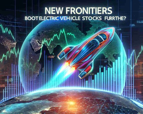 The concept of a vivid, high-definition photograph illustrating the idea of new frontiers in the field of electric vehicles contributing to environmental benefits. Display a visible increase in a market graph to reflect a surge, possibly even a rocket launching, symbolic of the growth. Include the question: 'Can Ethical Investing Boost Electric Vehicle Stocks Further?' visualized as a headline.