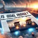 Generate a realistic, high-definition image of a newspaper headline titled, 'Is Coal India the New Energy Titan? Policy Revisions Could Ignite Expansion'. The image should ideally reflect an uplifted narrative, shining light on the prospect of growth within the energy sector in India. This could include depictions of coal mining infrastructure such as conveyer belts, cranes, dump trucks, and full-grown coal miners wearing their complete safety gear such as helmets with headlights and reflective vests, all set against the backdrop of an expansive coal mine under a vibrant sunrise.