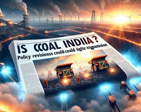 Generate a realistic, high-definition image of a newspaper headline titled, 'Is Coal India the New Energy Titan? Policy Revisions Could Ignite Expansion'. The image should ideally reflect an uplifted narrative, shining light on the prospect of growth within the energy sector in India. This could include depictions of coal mining infrastructure such as conveyer belts, cranes, dump trucks, and full-grown coal miners wearing their complete safety gear such as helmets with headlights and reflective vests, all set against the backdrop of an expansive coal mine under a vibrant sunrise.