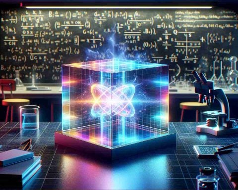 Generate a realistic, high-definition image of a visual representation of a quantum breakthrough. Visualize it as a captivating, revolutionary material innovation. Show this as a semi-translucent object in the shape of a cube that glows with a multi-colored aura, symbolizing the various potentials the breakthrough offers. The cube is hovering above a lab table, surrounded by scientific equipment. Flashes of light are emitted from it, signifying its quantum attributes. The background contains chalkboards filled with equations and theories, showcasing the complexity of the innovation. The lab should be modern and well-equipped.