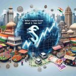 Realistic HD image of the title 'Is India's Market Boom About to Bust? Experts Weigh In' vividly floating, juxtaposed with some integral symbols of Indian economy such as traditional open-air markets, financial district skyscrapers, rupee symbols, and stock market boards.