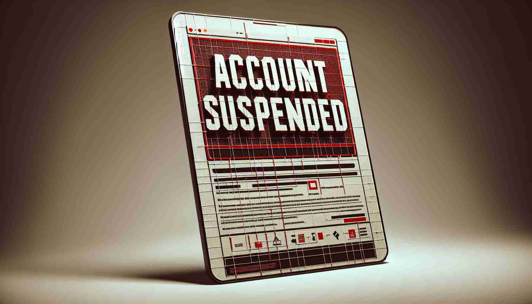 A highly detailed and realistic image displaying a digital screen with an 'Account Suspended' message in bold, large font at the center. The background is a simple, off-white color, and the words 'Account Suspended' are in a bold, deep red color. Around the 'Account Suspended' message, there are a few smaller, neatly arranged blocks of text providing information about why an account might be suspended and various steps that users can take to recover their account or rectify the situation.