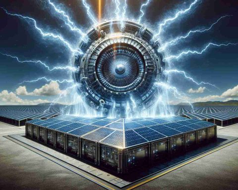 A high-definition, realistic image depicting secret technology for solar power. This secret weapon is represented by a dramatic display, like shockwaves emanating from a highly futuristic and technologically advanced solar panel placed in a sunny environment.