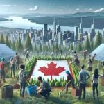 A high-definition, realistic image representing the concept of a bold new opportunity opening for the youth in the field of green initiatives, possibly in the Canadian landscape. The image could show young residents of various descents, like Caucasian, Hispanic, and Black, engaging in environmental activities such as planting trees, solar panel installation, recycling. Backdrop may include symbols of Canada like vast forests, mountains, or city skylines with modern sustainable architecture.