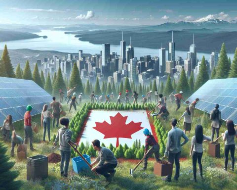 A high-definition, realistic image representing the concept of a bold new opportunity opening for the youth in the field of green initiatives, possibly in the Canadian landscape. The image could show young residents of various descents, like Caucasian, Hispanic, and Black, engaging in environmental activities such as planting trees, solar panel installation, recycling. Backdrop may include symbols of Canada like vast forests, mountains, or city skylines with modern sustainable architecture.