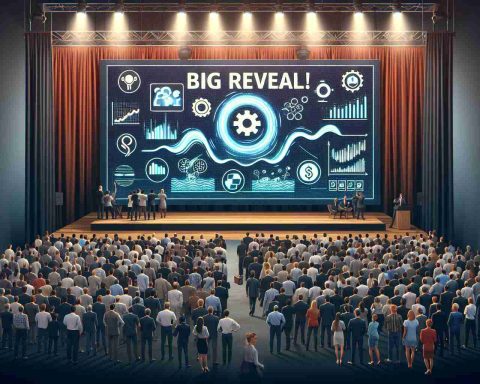 Generate an image depicting the grand unveiling of a product by a hypothetical tech company. Picture a large stage, the screen displaying an innovative solution that promises to revolutionize the industry. The plaque underneath the screen reads 'Big Reveal! A New Wave in the Market'. The crowd is a diverse mix, including people of various descents and genders, ranging from excited investors to curious tech enthusiasts. This should be a detailed, realistic, high-definition illustration.