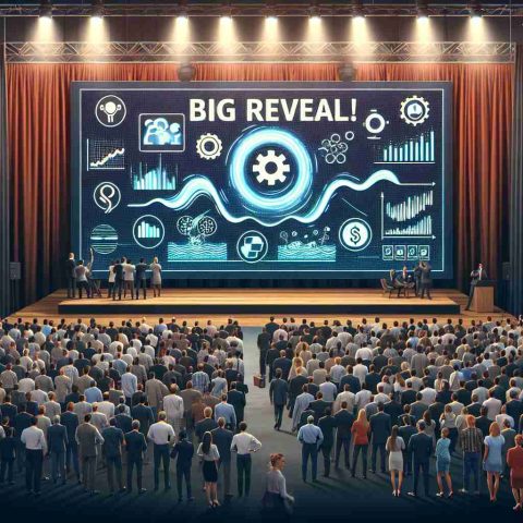 Generate an image depicting the grand unveiling of a product by a hypothetical tech company. Picture a large stage, the screen displaying an innovative solution that promises to revolutionize the industry. The plaque underneath the screen reads 'Big Reveal! A New Wave in the Market'. The crowd is a diverse mix, including people of various descents and genders, ranging from excited investors to curious tech enthusiasts. This should be a detailed, realistic, high-definition illustration.