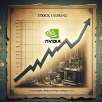 An image symbolically illustrating the concept of a stock surging. It should portray an upward-moving line graph signifying stock market growth, with the NVIDIA logo characterized prominently. The background could subtly refer to hidden catalysts, such as a faded image of a science lab or alchemist's workshop implying unseen changes and improvements causing the stock rise. Please remember to craft a realistic HD quality image.