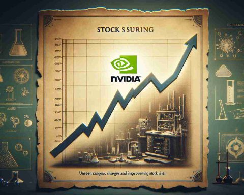 An image symbolically illustrating the concept of a stock surging. It should portray an upward-moving line graph signifying stock market growth, with the NVIDIA logo characterized prominently. The background could subtly refer to hidden catalysts, such as a faded image of a science lab or alchemist's workshop implying unseen changes and improvements causing the stock rise. Please remember to craft a realistic HD quality image.