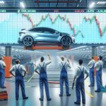 A realistic, high-definition image of an Electric Vehicle (EV) manufacturer's factory flooring halting, with workers looking puzzled and concerned. Stock graphs are plummeting on an electronically displayed board in the background, symbolizing the company's falling shares which shocks the investors.