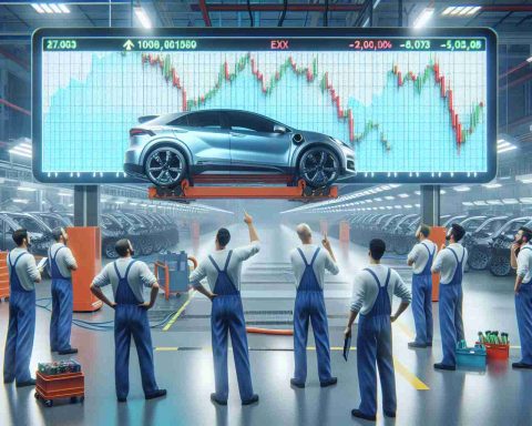 A realistic, high-definition image of an Electric Vehicle (EV) manufacturer's factory flooring halting, with workers looking puzzled and concerned. Stock graphs are plummeting on an electronically displayed board in the background, symbolizing the company's falling shares which shocks the investors.