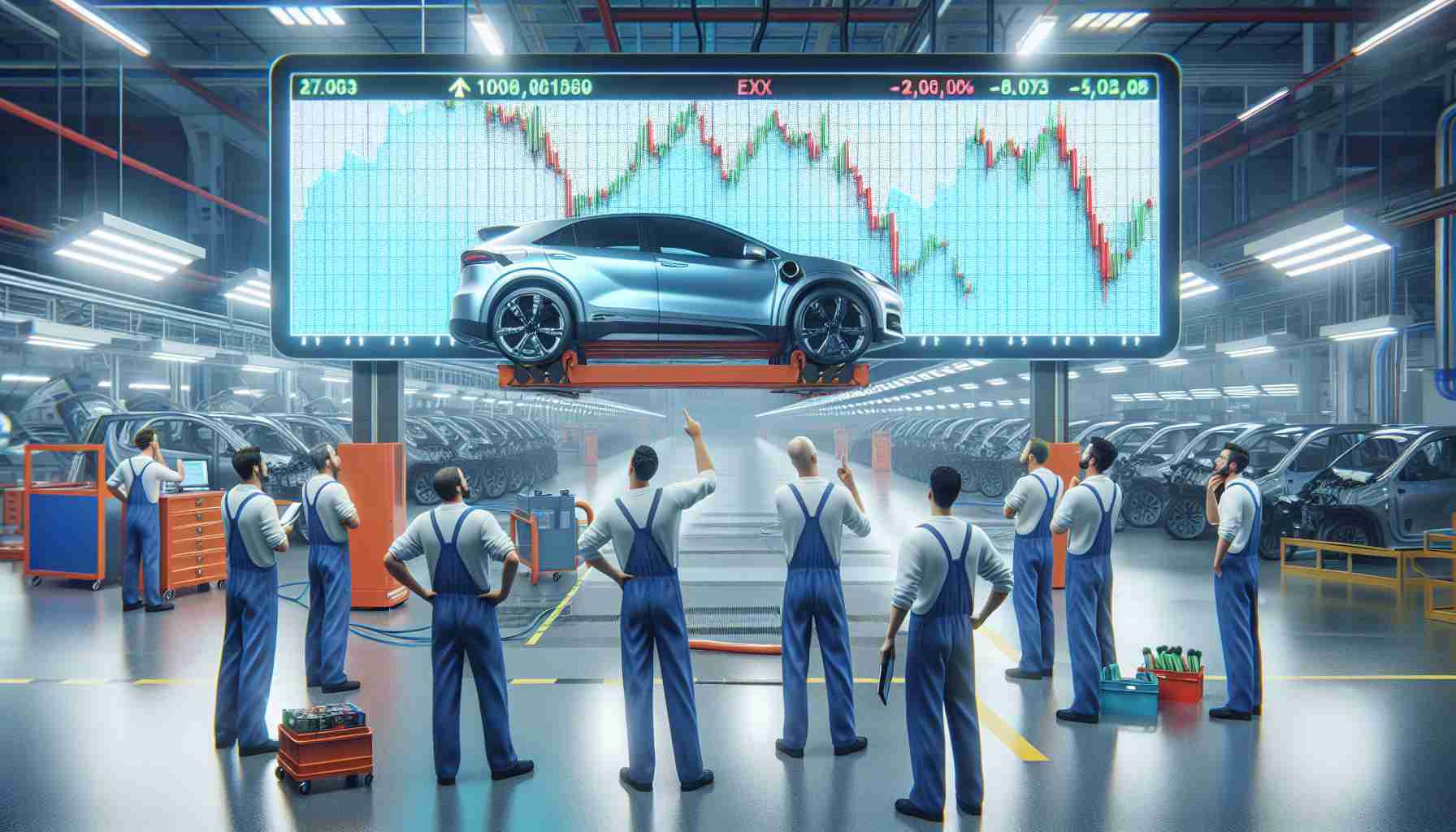 A realistic, high-definition image of an Electric Vehicle (EV) manufacturer's factory flooring halting, with workers looking puzzled and concerned. Stock graphs are plummeting on an electronically displayed board in the background, symbolizing the company's falling shares which shocks the investors.