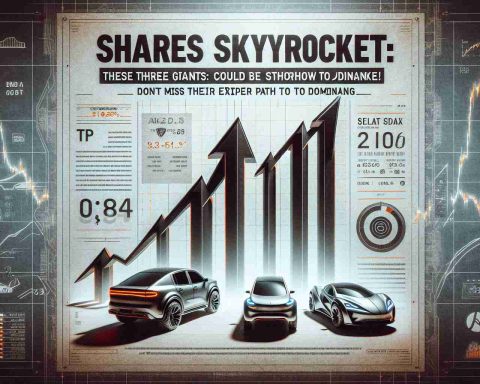 Realistic high definition image of the heading 'Shares Skyrocket: These Three Giants Could Overshadow a major electric vehicle manufacturer! Don’t Miss Their Paths to Dominance.' displayed in bold typography on a textured background with shadows of symbolic elements like ascending stock charts, electronic vehicles, and company logos.