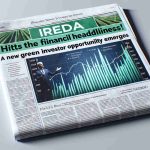 Generate a realistic high-definition image of a newspaper front page with the headline 'IREDA Hits the Financial Headlines! A New Green Investor Opportunity Emerges'. The page should include some text blurred in the background, and an impressive chart showing the rise of green energy investments. The image should have the details and nuances of a professional photograph.