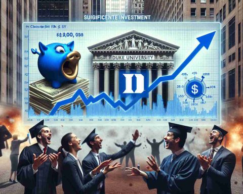 Create a realistic HD image that illustrates a scenario of a significant investment in Duke University. This image should signify a change or shake-up in Wall Street, without specifying who the investor is. It could include elements such as a symbolic representation of Duke University, financial charts showing marked improvements, and the excited reactions of people on Wall Street.