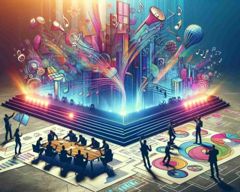 Vivid high-definition image showcasing a monumental shift in a large-scale music operation. Illustrate this through emblematic elements such as a massive stage being relocated, strategic plans diagram sprawled across a wide table, and team members brainstorming innovative ideas for executing this new approach. Create a sense of excitement and anticipation, reflecting the boldness of their new strategy.