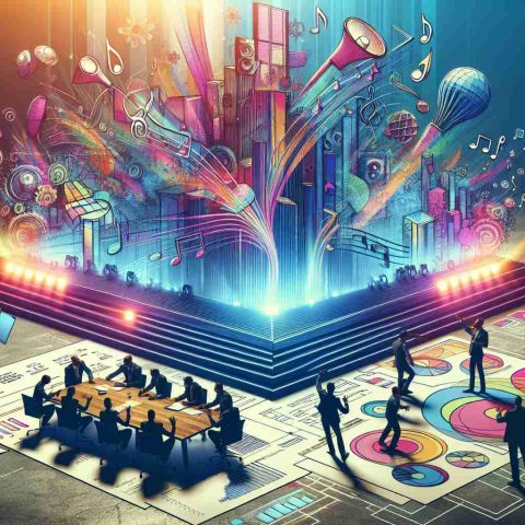 Vivid high-definition image showcasing a monumental shift in a large-scale music operation. Illustrate this through emblematic elements such as a massive stage being relocated, strategic plans diagram sprawled across a wide table, and team members brainstorming innovative ideas for executing this new approach. Create a sense of excitement and anticipation, reflecting the boldness of their new strategy.