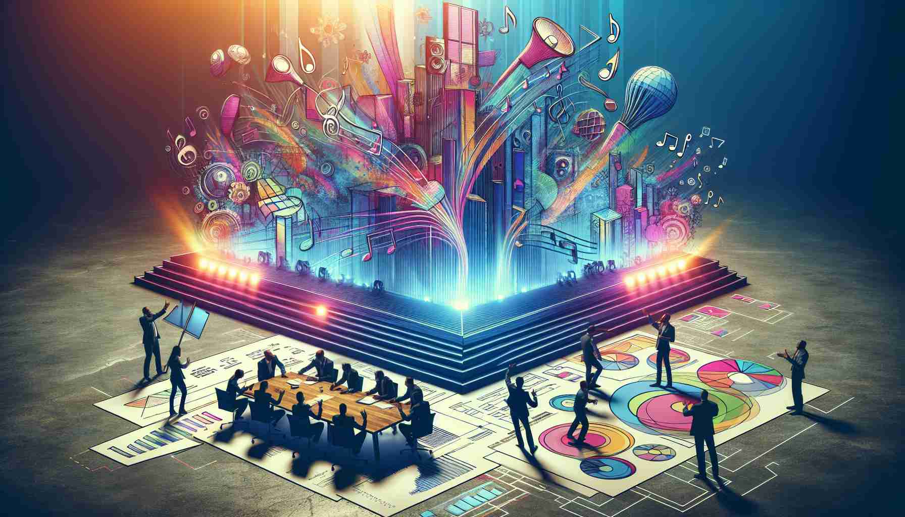 Vivid high-definition image showcasing a monumental shift in a large-scale music operation. Illustrate this through emblematic elements such as a massive stage being relocated, strategic plans diagram sprawled across a wide table, and team members brainstorming innovative ideas for executing this new approach. Create a sense of excitement and anticipation, reflecting the boldness of their new strategy.