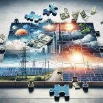 A detailed, realistic, high definition image depicting a visual interpretation of the concept 'Solar Investment Puzzle'. The scene is metaphoric with large pieces of jigsaw puzzle, each piece depicting different aspects of solar investment like solar panels, sun, clouds, power grid and money. In the background, there is a horizon depicting the future, showing a city with elevated solar panels. This could mean that big moves are paving the way for a greener future powered by solar energy.