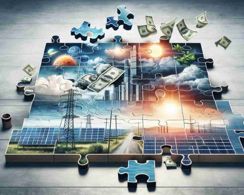 A detailed, realistic, high definition image depicting a visual interpretation of the concept 'Solar Investment Puzzle'. The scene is metaphoric with large pieces of jigsaw puzzle, each piece depicting different aspects of solar investment like solar panels, sun, clouds, power grid and money. In the background, there is a horizon depicting the future, showing a city with elevated solar panels. This could mean that big moves are paving the way for a greener future powered by solar energy.