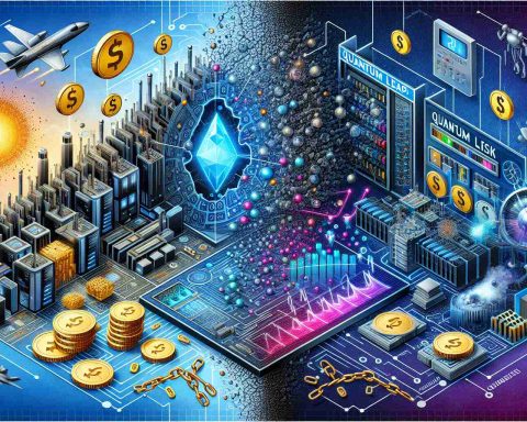 Visual representation of the concept 'Quantum Leap' and 'Quantum Risk' showcasing the hidden costs of advanced computing. The first half of the image should symbolize a quantum leap, perhaps through the depiction of a sudden and significant progress in computing technology, such as a futuristic supercomputer, elaborate arrays of servers, or an abstract representation of quantum bits (qubits). The second half should highlight the 'risks' associated with this jump, maybe illustrating security threats, or the image of a faulty circuit, or system overheating. Additionally, incorporate elements symbolizing 'hidden costs', such as coins linked with chains, dollar signs encircling a processor, or a meter gauging the power consumption of this technology.