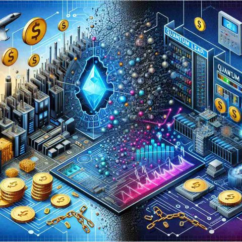 Visual representation of the concept 'Quantum Leap' and 'Quantum Risk' showcasing the hidden costs of advanced computing. The first half of the image should symbolize a quantum leap, perhaps through the depiction of a sudden and significant progress in computing technology, such as a futuristic supercomputer, elaborate arrays of servers, or an abstract representation of quantum bits (qubits). The second half should highlight the 'risks' associated with this jump, maybe illustrating security threats, or the image of a faulty circuit, or system overheating. Additionally, incorporate elements symbolizing 'hidden costs', such as coins linked with chains, dollar signs encircling a processor, or a meter gauging the power consumption of this technology.