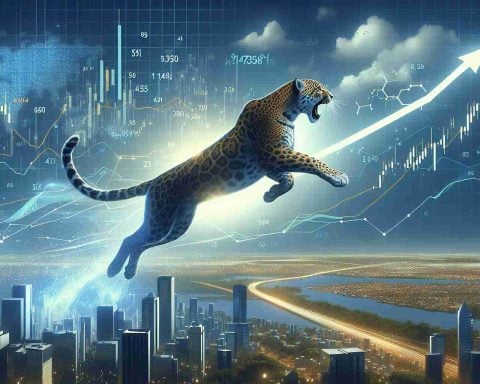 Illustration of the metaphorical leap of an ecommerce giant, symbolizing its tremendous growth and influence on a well-known stock market index. Visualize this as a powerful animal, such as a jaguar symbolizing the ecommerce company, jumping over a landscape that depicts a city skyline dotted with stock market charts and graphs. Ensure a high-resolution, photo-realistic style.