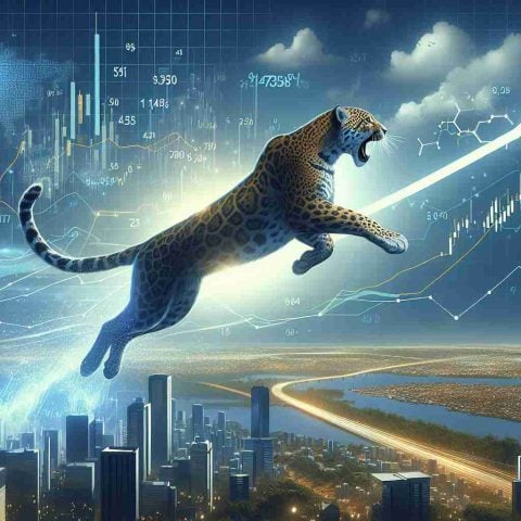 Illustration of the metaphorical leap of an ecommerce giant, symbolizing its tremendous growth and influence on a well-known stock market index. Visualize this as a powerful animal, such as a jaguar symbolizing the ecommerce company, jumping over a landscape that depicts a city skyline dotted with stock market charts and graphs. Ensure a high-resolution, photo-realistic style.