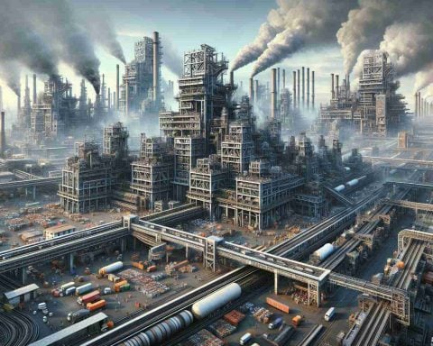 High-definition, hyper-realistic view of a sprawling industrial complex in Mumbai, India. It's a beacon of modern manufacturing techniques, characterized by rows of gigantic steel structures extending into the sky, vast networks of conveyor belts, and billowing smoke plumes from towering chimneys. In the foreground, a dynamic market scene unfolds, portraying a vibrant exchange of goods directly shaped by the industrial revolution taking place behind. Both locals and foreigners interact in seamless commercial activity, indicative of Mumbai's positioning as a formidable player in the global market.