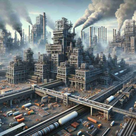 High-definition, hyper-realistic view of a sprawling industrial complex in Mumbai, India. It's a beacon of modern manufacturing techniques, characterized by rows of gigantic steel structures extending into the sky, vast networks of conveyor belts, and billowing smoke plumes from towering chimneys. In the foreground, a dynamic market scene unfolds, portraying a vibrant exchange of goods directly shaped by the industrial revolution taking place behind. Both locals and foreigners interact in seamless commercial activity, indicative of Mumbai's positioning as a formidable player in the global market.