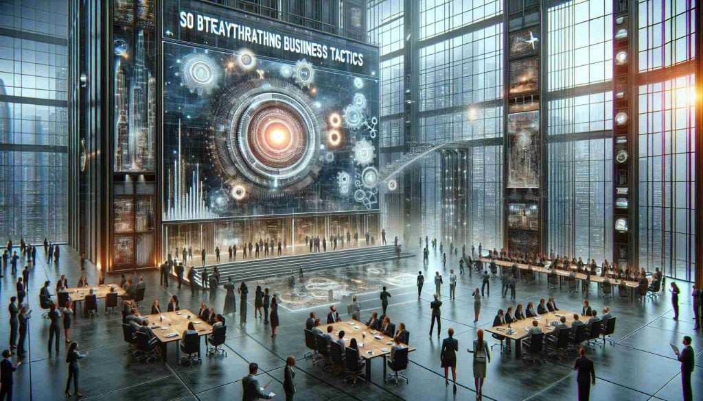 A realistic, high-definition depiction of a breathtaking business tactic from a generic company, which is so bold and unexpected it's hard to believe. The scene displays the company's grandiose headquarters, bustling with excitement and innovative energy. Workers could be seen discussing strategies and plans, while a large screen shows a presentation symbolic of their groundbreaking moves in their field.